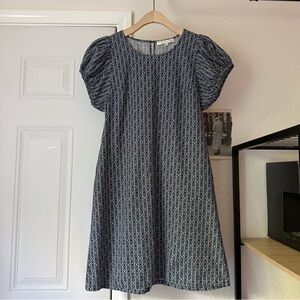 SUNHEE MOON navy white geo tribal print puff short sleeve mini dress